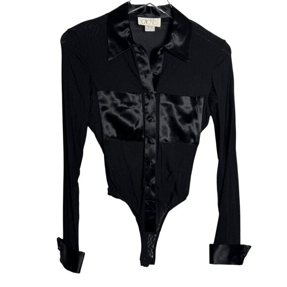 Vintage 80's CACHE sheer bodysuit satin trim black size 4 Long Sleeve Made in US - Picture 1 of 7